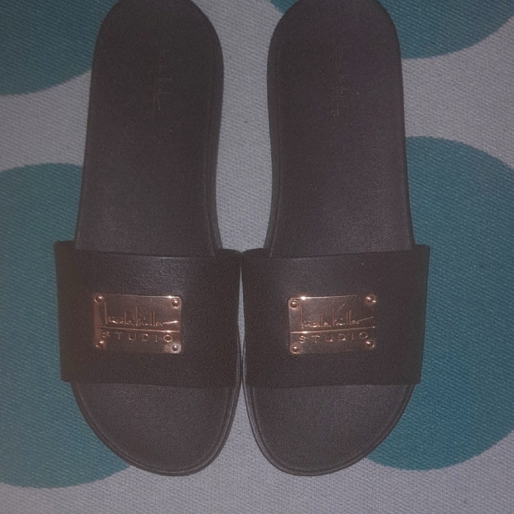 Nicole Miller Black Slide Sandals with Gold Accent